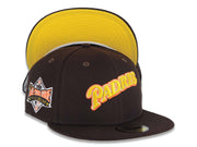 San Diego Padres New Era MLB 59FIFTY 5950 Fitted Cap Hat Dark Brown Crown/Visor Yellow/Orange/White Logo 1989 All-Star Game Side Patch Yellow UV